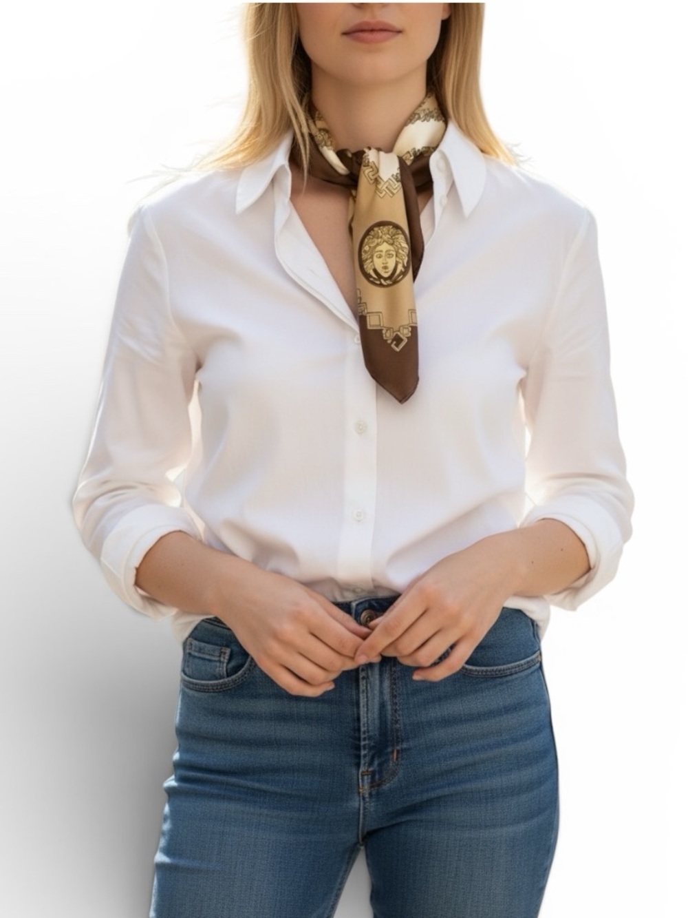 Tan and Gold and brown Medusa square Scarf
